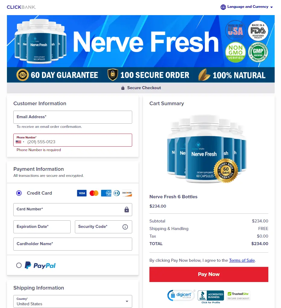 Nerve Fresh order checkout form.